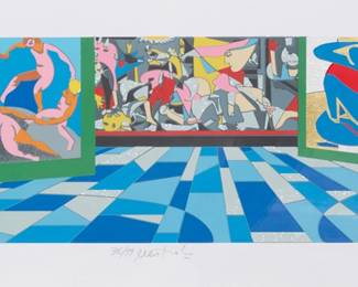 2283 Ugo Nespolo (b. 1941) "Museo del Novecento" Screenprint in colors with mixed media and collage on paper Edition: 36/99 Signed and numbered in pencil in the lower margin: Nespolo Image: 10" H x 35" W; Sheet: 14" H x 39.5" W Estimate: $300 - $500