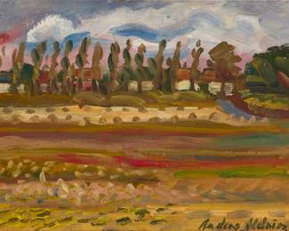 2148 Anders Gustave Aldrin (1889-1970) "Kassl Germany," [sic] 1951 Oil on board Signed lower right: Anders Aldrin; signed and dated in ink, possibly in another hand on a label affixed to the frame's backing paper 10" H x 13.25" W Estimate: $500 - $700