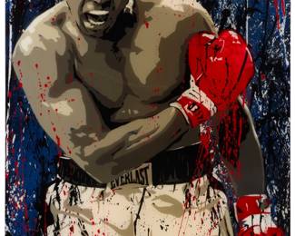 2261 Trip One (21st Century) Muhammad Ali Stencil and mixed media on canvas Signed with the stenciled signature lower left: Trip One; signed again, in ink, verso: Trip 36" H x 24" W Estimate: $500 - $700