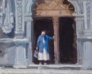 2185 Ken Auster (1949-2016) Woman leaving a European church Oil on panel With the incised signature lower left: Auster 6" H x 8" W Estimate: $400 - $600