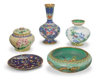 2038 Five Chinese cloisonné vessels Early 20th century Dish with maker's gilt mark Comprising a low baluster vase, tall-neck vase, lidded jar, low bowl, and dish 5 pieces Bowl: 3" H x 9.125" Dia.; Taller vase: 10.125" H x 5.5" Dia.; Dish: 7.375" Dia. Estimate: $300 - $500