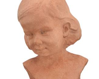 2068 An American terracotta bust of a girl 1942 With indistinct incised signature, date, and inscription: Hollywood Calif / 1942; incised recto: TITO 12.25" H x 8.25" W x 7.5" D Estimate: $300 - $500