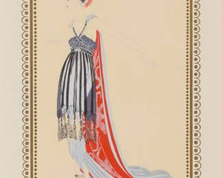 2291 Romain (Erté) De Tirtoff (1892-1990) "Seductress," one plate from "The Vamps" portfolio, 1979 Lithograph in colors on paper Edition: 61/300 Signed and numbered in pencil in the lower margin: Erté; American Atelier, New York, NY, prntr.; Circle Fine Art Corporation, Chicago, IL, pub. Image: 14.75" H x 9.875" W; Sight: 17" H x 12.5" W Estimate: $300 - $500