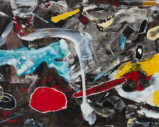 2306 Aung Aung Taik (b. 1948) Untitled, 2013 Collage and mixed media on paper mounted to paper Signed and dated lower right: Aung 2013; signed again on the frame's backing board Image/Sheet: 14.5" H x 20.375" W; Paper mount: 17.5" H x 23.5" W Estimate: $500 - $700