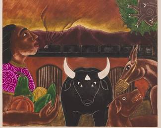 2194 Enrique Flores Gonzalez (b. 1963) "Toro," 2006 Etching and aquatint in colors on wove paper Edition: 14/30 Signed, dated, and numbered in pencil in the lower margin: E. Flores G. 2006; Taller de Gráfica Enrique Flores, Oaxaca, Mexico, prntr., with their blindstamp in the lower left margin corner Plate: 16" H x 19.5" W; Sheet: 24" H x 27.5" W Estimate: $200 - $300