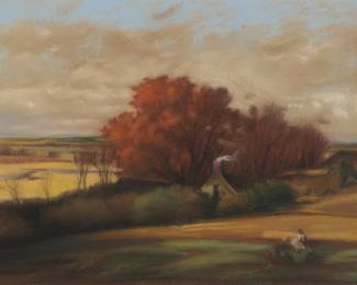 2140 In The Style Of George Inness Jr. (1854-1926) Autumn pastoral landscape Pastel on paper Bears signature faintly lower left: G. Inness Sight: 16.625" H x 20.25" W Estimate: $500 - $700
