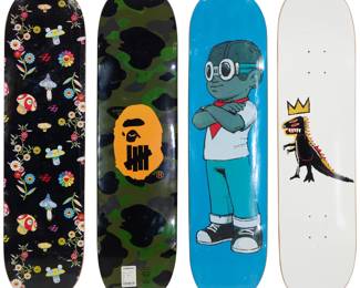 2234 Four skateboard decks Takashi Murakami x Lewis Hamilton x +44 (black), 2023 Screenprint in colors on a skateboard deck From the edition of unknown size Unsigned 31" H x 8" W BAPE x Undefeated Skate (green) Screenprint in colors on a skateboard deck From the edition of unknown size Unsigned 31" H x 8" W Hebru Brantley (b. 1981) "The Great Debate," 2019 Offset lithograph in colors on a skateboard deck From the edition of 100 Unsigned 31" H x 3" W The Estate of Jean-Michel Basquiat x The Skateroom "Pez Dispenser," 1984 Offset lithograph in colors on a skateboard deck From the edition of unknown size Unsigned 31.5" H x 8" W 4 pieces Estimate: $300 - $500