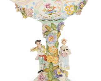 2066 A Carl Thieme Potschappel porcelain center bowl Early/mid-20th century With underglaze blue Potschappel monogram mark above: Dresden With reticulated bowl raised on a pedestal profusely adorned with flowers and two figures 11.75" H x 9.75" W x 9" D Estimate: $300 - $500