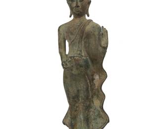 2053 A Thai bronze standing Buddha Rattanakosin Period (1782–1932) or later Depicted with ushnisha flame, mid-stride holding a bowl in right hand 11.25" H x 4" W x 4.375" D Estimate: $300 - $500