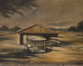 2162 Mid 20th Century Aviation Art Airplane hangar, 1945 Oil on canvas Signed and dated lower right: A. Caesar / '45 23.75" H x 35.25" W Estimate: $400 - $600