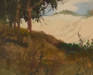 2143 Mary DeNeale Morgan (1868-1948) "Sandy Hillside" Gouache on paper Signed lower left: M. DeNeale Morgan; titled on an exhibition label affixed to the frame's backing paper Sight: 9.75" H x 9.5" W Estimate: $700 - $900