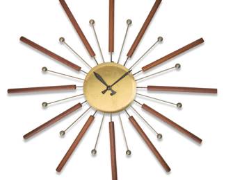 2074 A Modern Welby style wall clock Mid-20th century The unmarked brass dial with enameled metal hands, issuing metal rods mounted with alternating metal balls and wood cylinders 3" H x 29.5" Dia. Estimate: $300 - $500