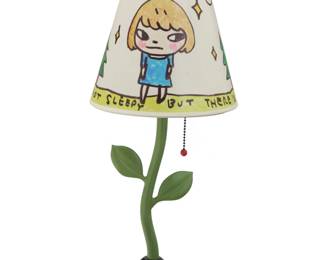 2231 Yoshitomo Nara (b. 1959) Table lamp, 2021 Printed shade on metal base, electrified From the edition of unknown size Inscribed: I'M NOT SLEEPY BUT THERE'S NO PLACE I'M GOING TO...; dated and marked to underside: Yoshitomi Nara X How2work Ltd. / 06.2021 Fabricated by How2work [Hong Kong] Overall: 18.75" H x 8.25" Dia. Estimate: $200 - $300