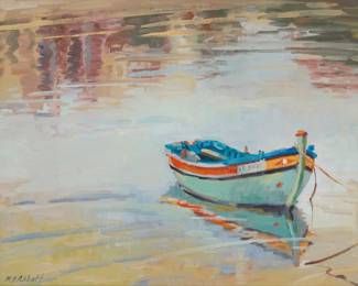 2159 Meredith Brooks Abbott (b. 1938) "Skiff and Reflections, Portugal," 1989 Oil on linen Signed lower left: M.B. Abbott; titled, dated, and inscribed in blue ink, verso: "May - 1989 / Riba de Bensafrim, / Lagos"; titled and dated again on a typed gallery label affixed to the frame's verso 16" H x 20" W Estimate: $500 - $700