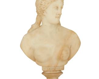2064 An Italian carved alabaster bust of the Venus Italica Early 20th century Incised to base recto: V. CAMPIDOGLIO Raised on a socle and spreading foot Overall: 18.625" H x 10.625" W x 5.5" D Estimate: $300 - $500