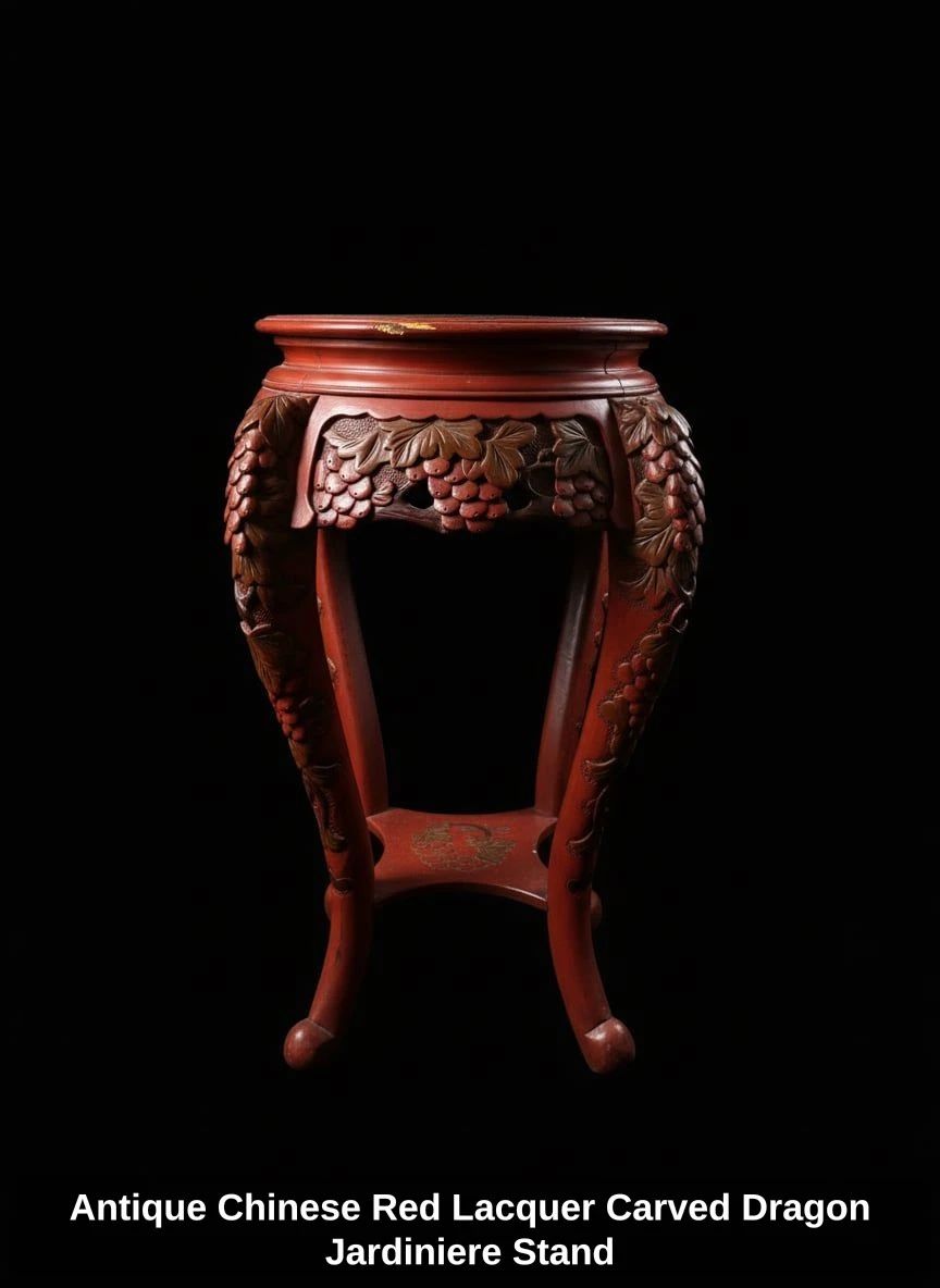 Antique Chinese Red Lacquer Carved Dragon Jardiniere Stand
