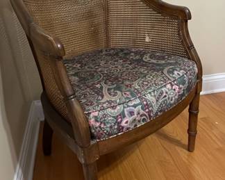 Vintage Cane Barrel Chair with Paisley Upholstery