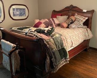 Gorgeous Queen size wooden sleigh bed with ornate carving detail in honey walnut finish