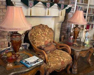Michael Amini Enden end tables with curved beveled glass top imperator marble inlay, carved legs and paw feet. Chair is Bergere Victorian style armchsir with rich floral pattern chenille fabric
