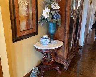 oval marble top lyre table on mahogany base with carved rose accent