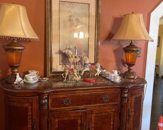 French Louis XVI style marble top sideboard/buffet with curved demilune sides, 2 panel storage and 1 drawer