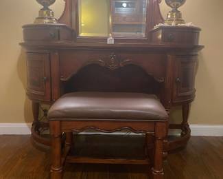 Solid wood vanity with covered bench seat