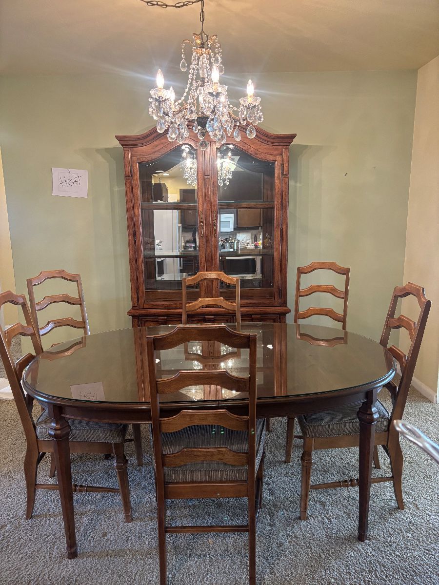China Cabinet, Dining Table, 2 standard size leaves included but not pictured, 6 chairs