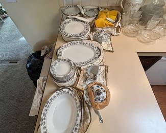 White China with Gray/Silver Floral Border. Mid 20th Century