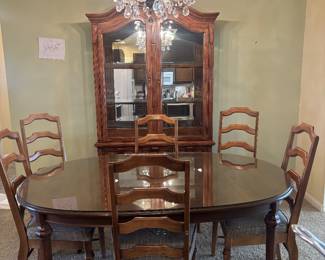 China Cabinet, Dining Table, 2 standard size leaves included but not pictured, 6 chairs