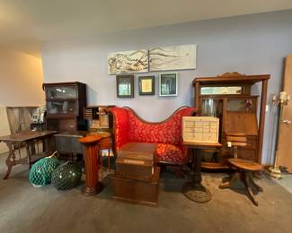 Collector’s Estate Sale featuring nautical antiques, vintage furniture, curio cabinets, library bookcases, restored cast iron cookware, antique telephones, men’s suits, garage items, eclectic home décor, and unique yard art.