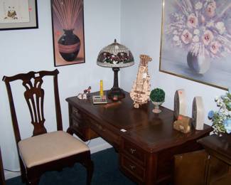 SLIGH LEATHER-TOP DESK, CHAIR, NEWER STAINED GLASS LAMP, PAINTING & PRINTS