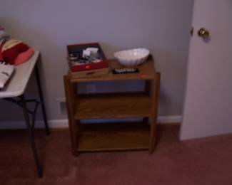 OAK STAND & BOX OF SEWING ITEMS