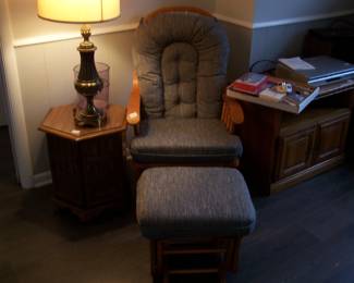 GLIDER ROCKER & FOOTSTOOL, SMALL STAND & LAMP