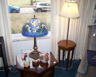 ANOTHER STAINED GLASS LAMP, HEXAGONAL TABLE, TRAY LAMP & SMALLS