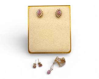 16 14KGoldPinkGemNecklaceStudsSterlingEarrings148g