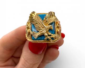 55 10KYellowRoseGoldEagleMensRingwTurquoiseInlay787g