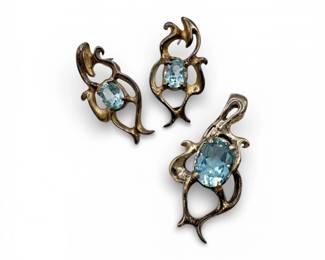 19 BrutalistSterlingSilverBlueTopazPendantEarringsSet