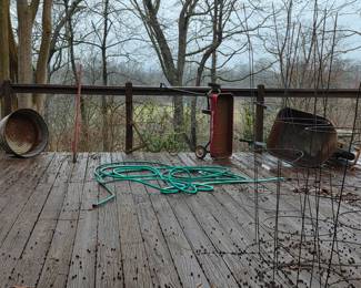 Tomato cages, hoses, wagon, wheelbarrow 