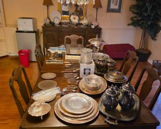 Antique wood dining room table & chairs, silver-plated dishes