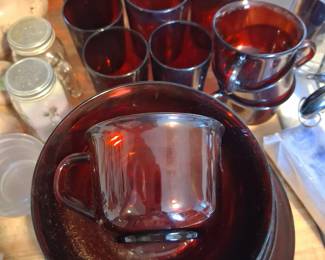 Cranberry glass dish set