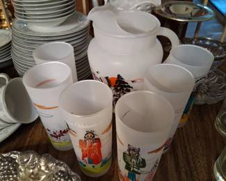 Vintage pitcher and glasses set featuring Oklahoma Indians