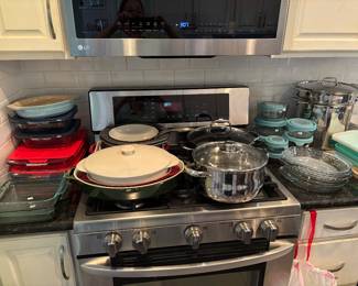Pyrex, stock pots, Le Cruset, Staub casseroles, cutting boards