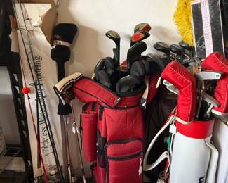 Golf clubs, fishing poles, tackle