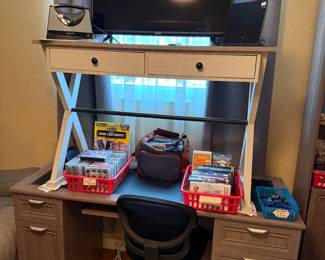 Gray faux wood desk, chair, smaller desk/entry table on top