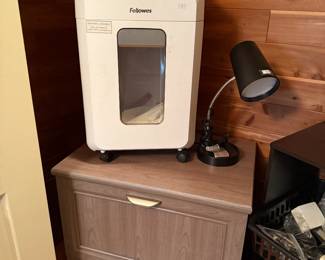 Shredder, gray faux wood filing cbinet