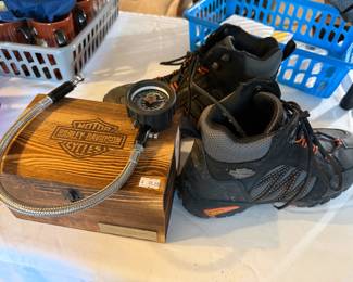 Harley Davidson boots, wooden trinket box, and pressure gauge