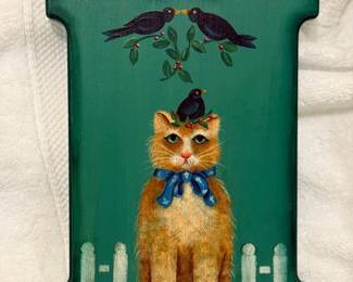 240 OrangeCatBlackBirdsFolkArtPainting