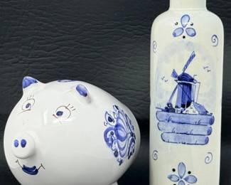 247 DelftBlueHandPaintedPiggyBankwithCoinsDecanter