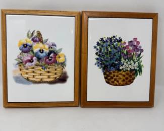34 WoodFramedFloralPorcelainTrivets