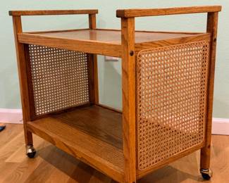 47 MidCenturyModernOakandCaneRollingBarCart